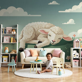 Sleeping sheep mural wallpaper in peaceful nursery setting with natural wood furniture by Kids-Mundo