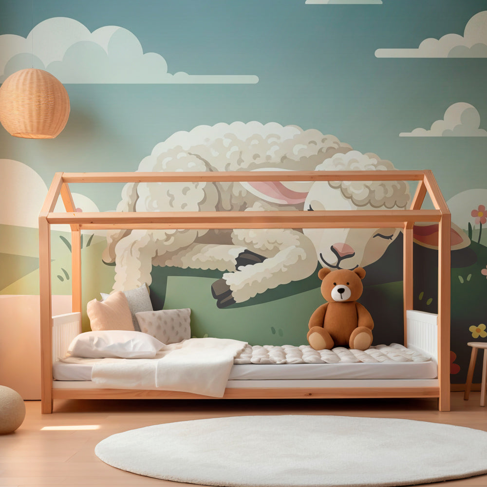Pastoral sheep mural wallpaper with wildflowers for serene kids room by Kids-Mundo
