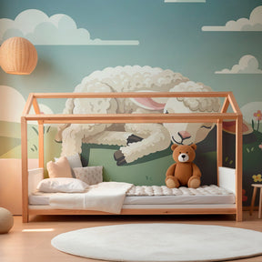Pastoral sheep mural wallpaper with wildflowers for serene kids room by Kids-Mundo