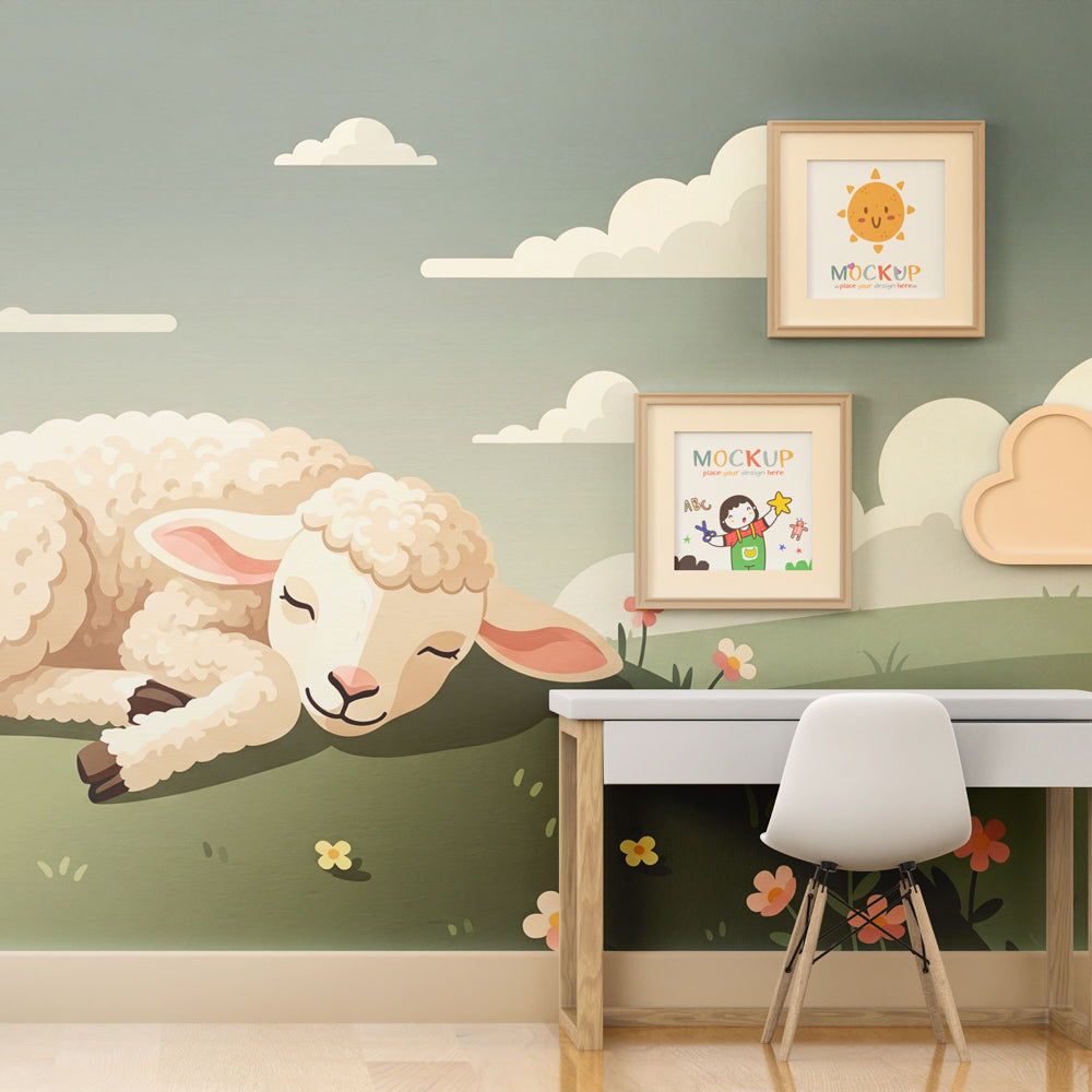 Dreamy meadow sheep wallpaper creating calming atmosphere in children's bedroom decor