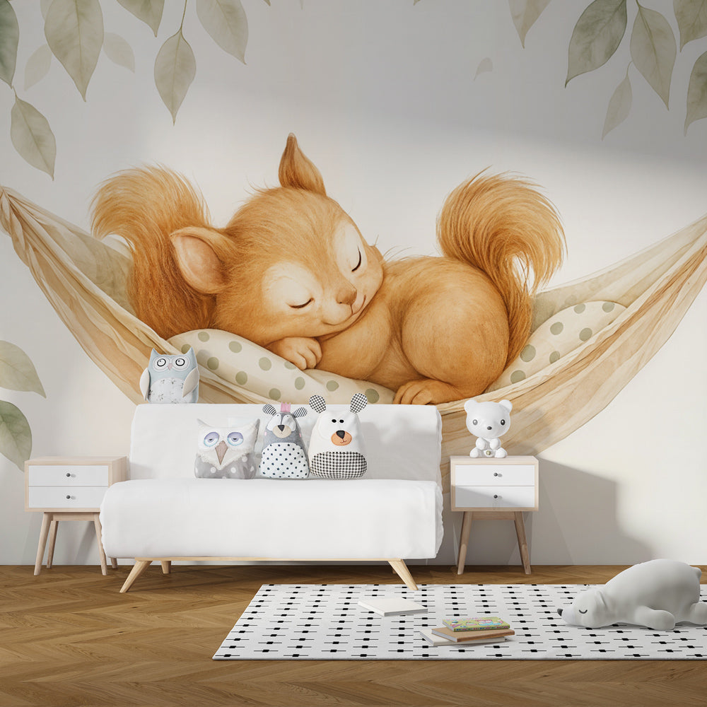 Kids-Mundo watercolour squirrel wall mural bringing calm green tones to a children's playroom