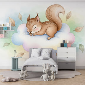 Dreamy squirrel mural wallpaper creating peaceful atmosphere in child's bedroom