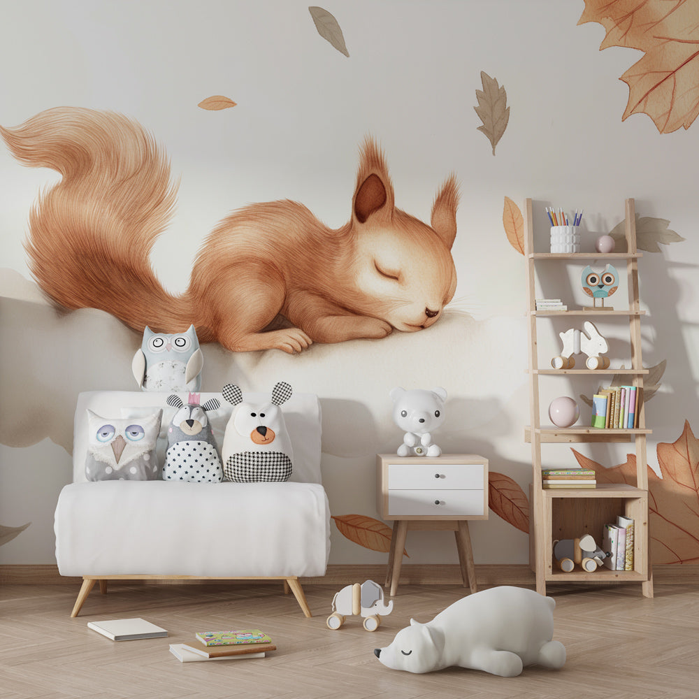 Autumn squirrel wallpaper creating peaceful atmosphere in children's bedroom decor