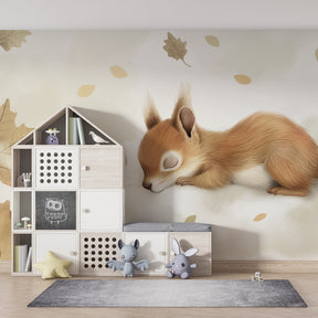 Dreamy cloud squirrel wallpaper in children's bedroom with natural wood furniture