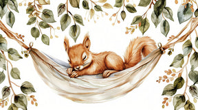 Detailed sleeping squirrel in hammock mural wallpaper design pattern with leafy branches by Kids-Mundo
