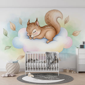 Cloud and squirrel themed mural wallpaper transforming children's sleeping space