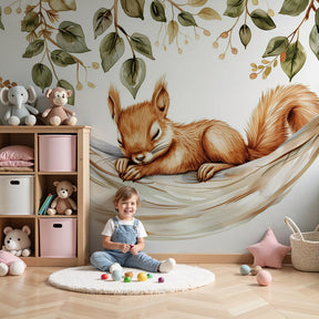 Sleeping squirrel mural wallpaper in peaceful nursery setting with natural woodland decor by Kids-Mundo
