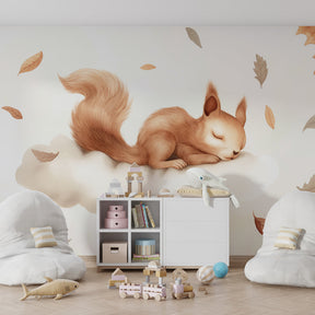 Dreamy squirrel on cloud mural wallpaper for kids playroom with warm autumn colors