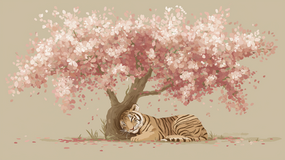 Kids-Mundo flat artwork preview of the sleeping tiger and cherry blossom wall mural design