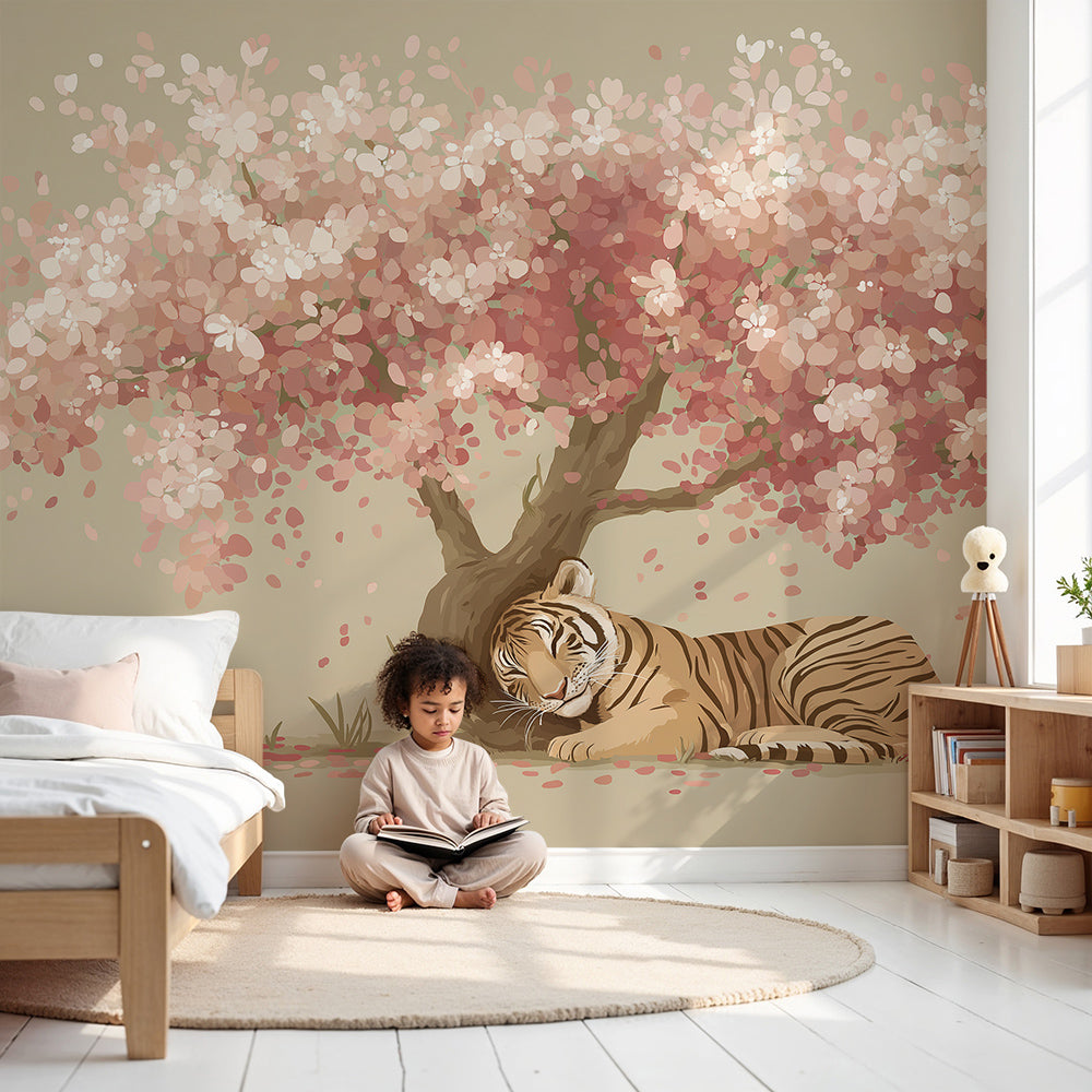 Kids-Mundo sleeping tiger and cherry blossom wall mural in a calm, softly lit nursery