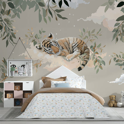 Kids-Mundo dreamy tiger and foliage mural softening a peaceful kids bedroom wall.