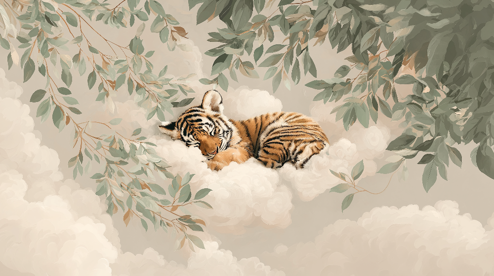 Kids-Mundo flat artwork preview of the sleeping tiger cub among clouds wall mural.