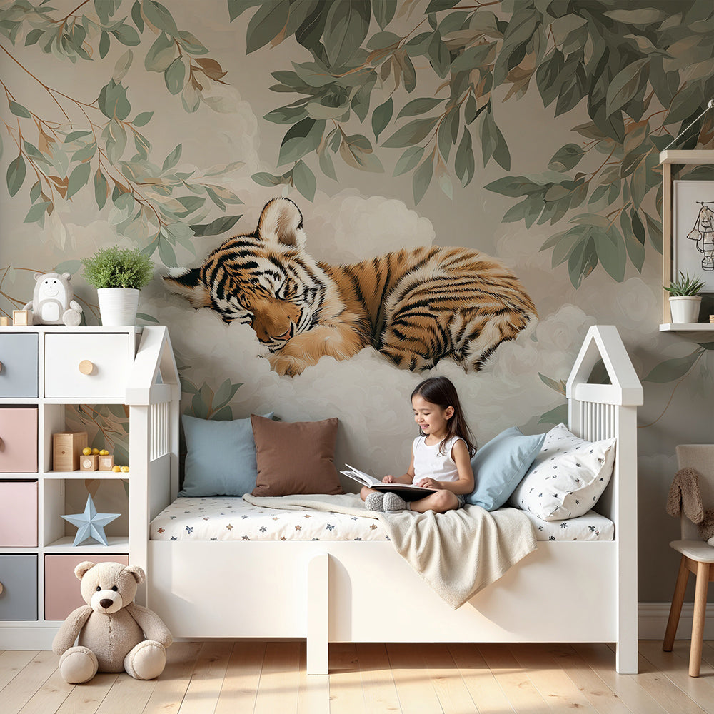 Kids-Mundo sleeping tiger wall mural above a cot in a calm, neutral nursery.