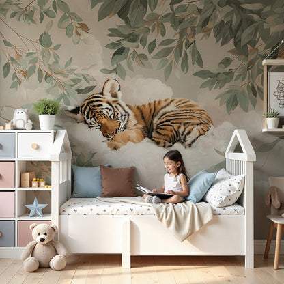 Kids-Mundo sleeping tiger wall mural above a cot in a calm, neutral nursery.