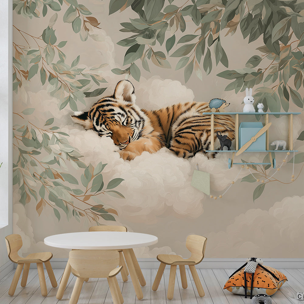 Kids-Mundo sleepy tiger wall mural adding a cosy leafy scene to a playroom.