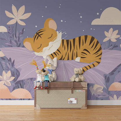 Kids-Mundo dreamy floral tiger mural decorating a calm kids bedroom wall