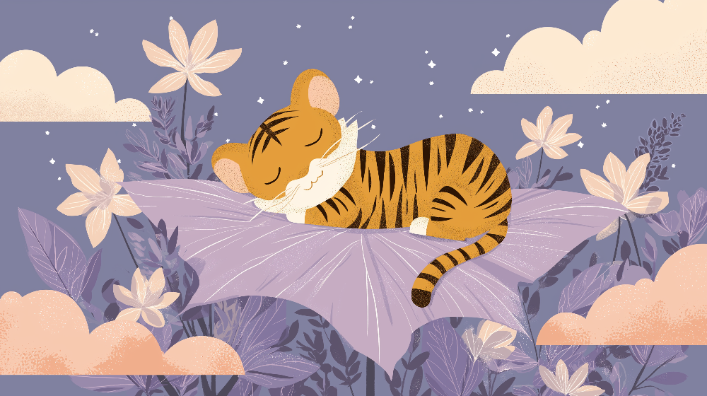 Kids-Mundo flat artwork of a sleeping tiger cub curled on a large lilac flower petal
