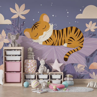 Kids-Mundo sleeping tiger wall mural bringing calm to a playroom corner