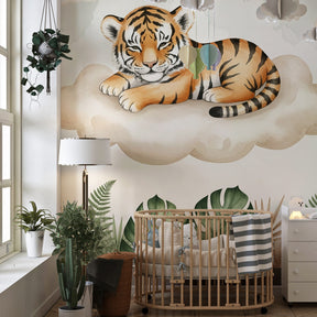 Botanical tiger mural wallpaper with soft clouds in modern baby nursery setting