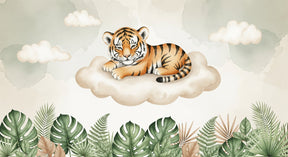 Detailed sleeping tiger on cloud mural wallpaper design pattern with botanical elements by Kids-Mundo