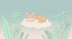 Detailed sleeping tiger on cloud mural wallpaper design pattern with tropical leaves by Kids-Mundo