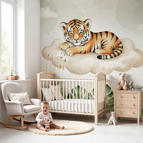 Sleeping tiger cloud mural wallpaper in peaceful nursery with wooden crib by Kids-Mundo