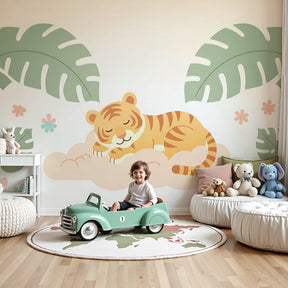 Sleeping tiger jungle mural wallpaper in cozy nursery setting by Kids-Mundo