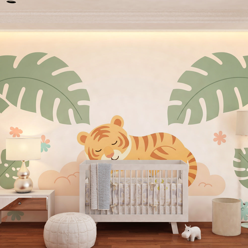 Jungle animal mural wallpaper transforming kids playroom into magical space