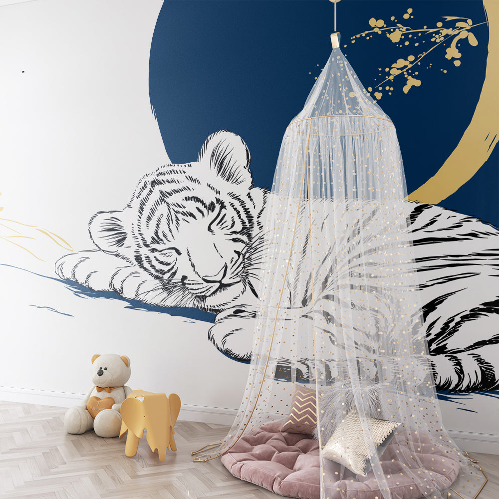 Kids-Mundo navy and gold tiger mural adding sophistication to a kids bedroom wall.