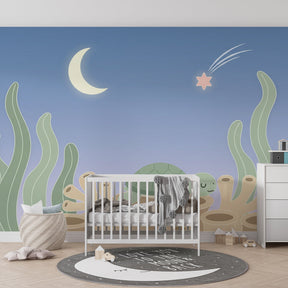 Starry ocean turtle wallpaper transforming baby bedroom into serene underwater sanctuary