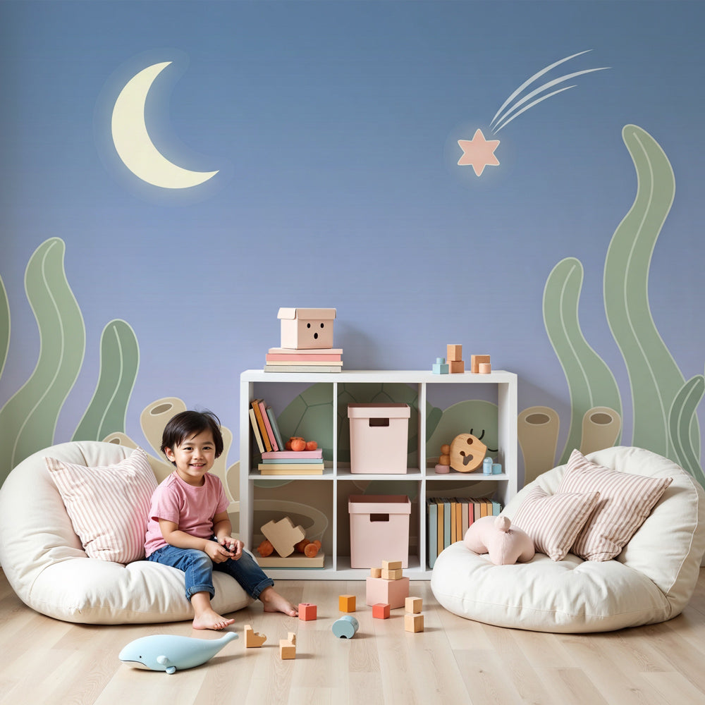 Sleeping turtle mural wallpaper creating peaceful underwater nursery decor by Kids-Mundo
