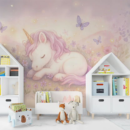 Kids-Mundo unicorn and flower field wall mural styled in a dreamy pastel kids bedroom