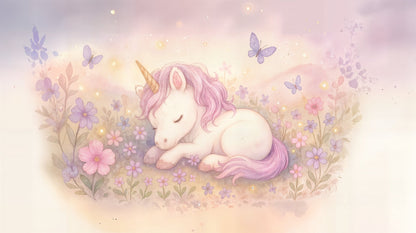 Kids-Mundo flat artwork preview of the sleeping unicorn and flower field wall mural