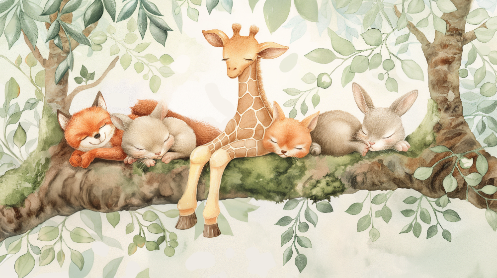 Kids-Mundo flat artwork of the sleepy fox, giraffe and rabbit branch mural design