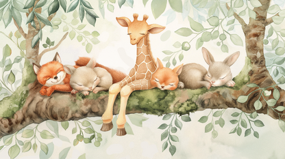 Kids-Mundo flat artwork of the sleepy fox, giraffe and rabbit branch mural design