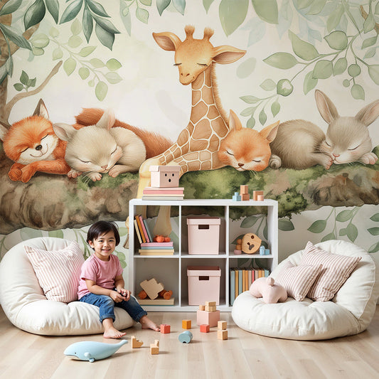 Kids-Mundo sleepy fox and giraffe branch wall mural made to measure for a nursery