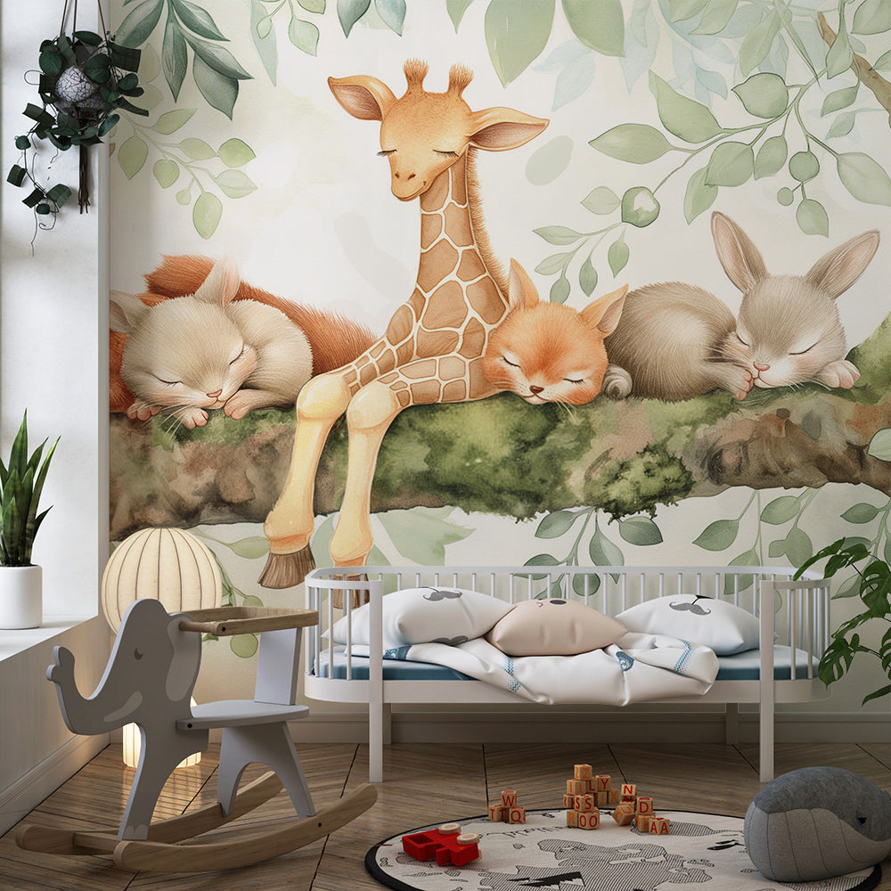 Kids-Mundo sleepy fox, giraffe and rabbit mural bringing a calm woodland feel to a playroom