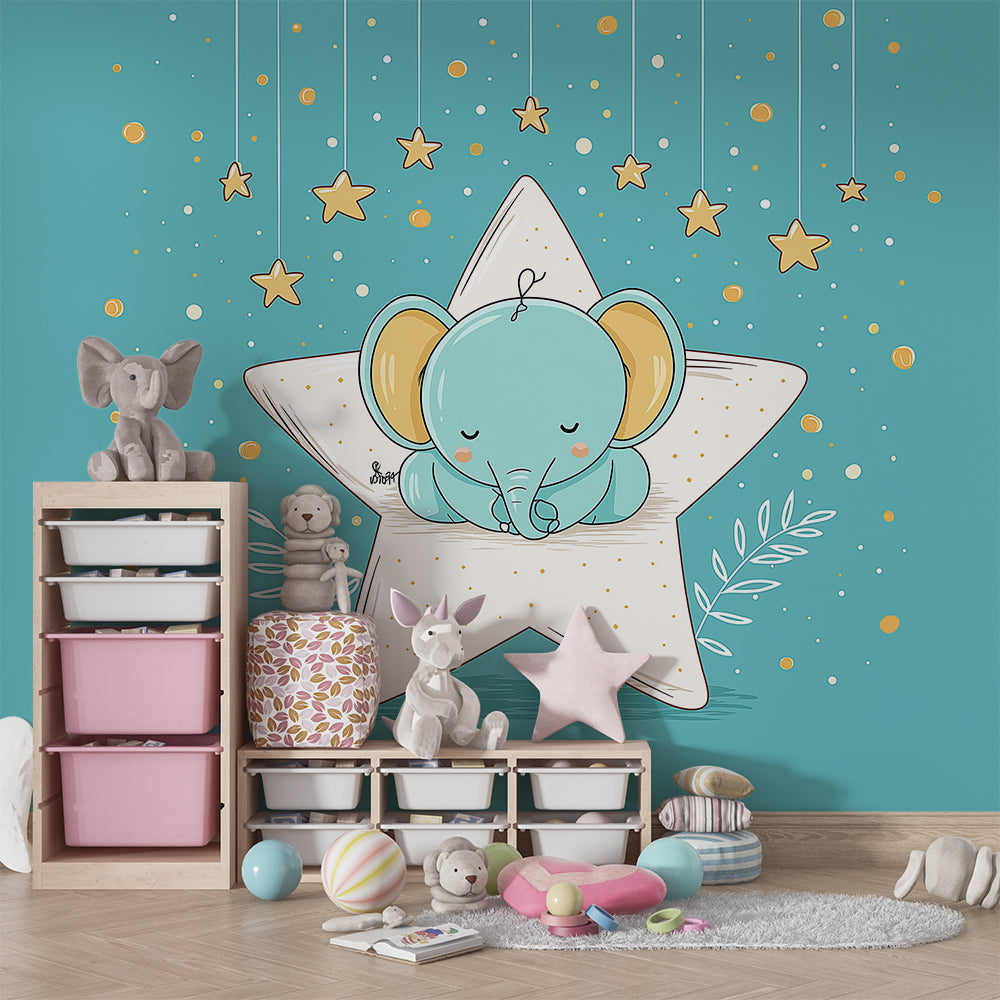 Kids-Mundo elephant and star wall mural behind a single bed in a calm children's bedroom