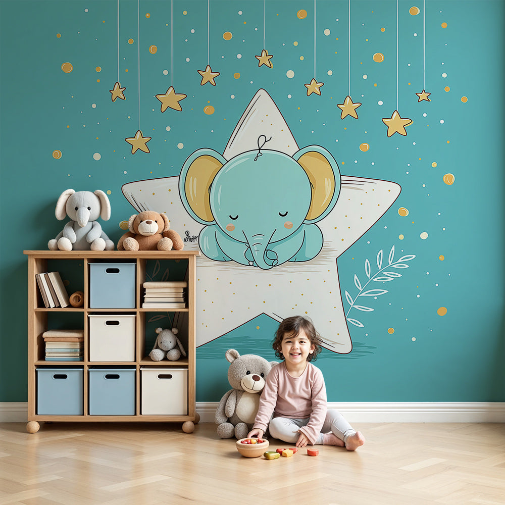 Kids-Mundo sleepy baby elephant wall mural in a soft teal nursery with a cot and starlit dotted wall behind