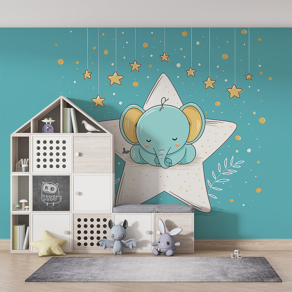 Kids-Mundo starlit elephant wall mural covering a feature wall in a bright children's playroom