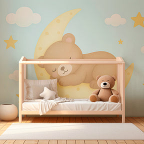Moon and stars bear wallpaper transforming baby bedroom into dreamy sanctuary
