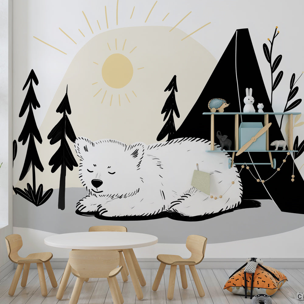 Camping bear mural wallpaper creating cozy forest atmosphere in kids bedroom