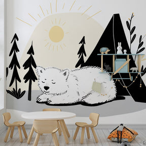 Camping bear mural wallpaper creating cozy forest atmosphere in kids bedroom