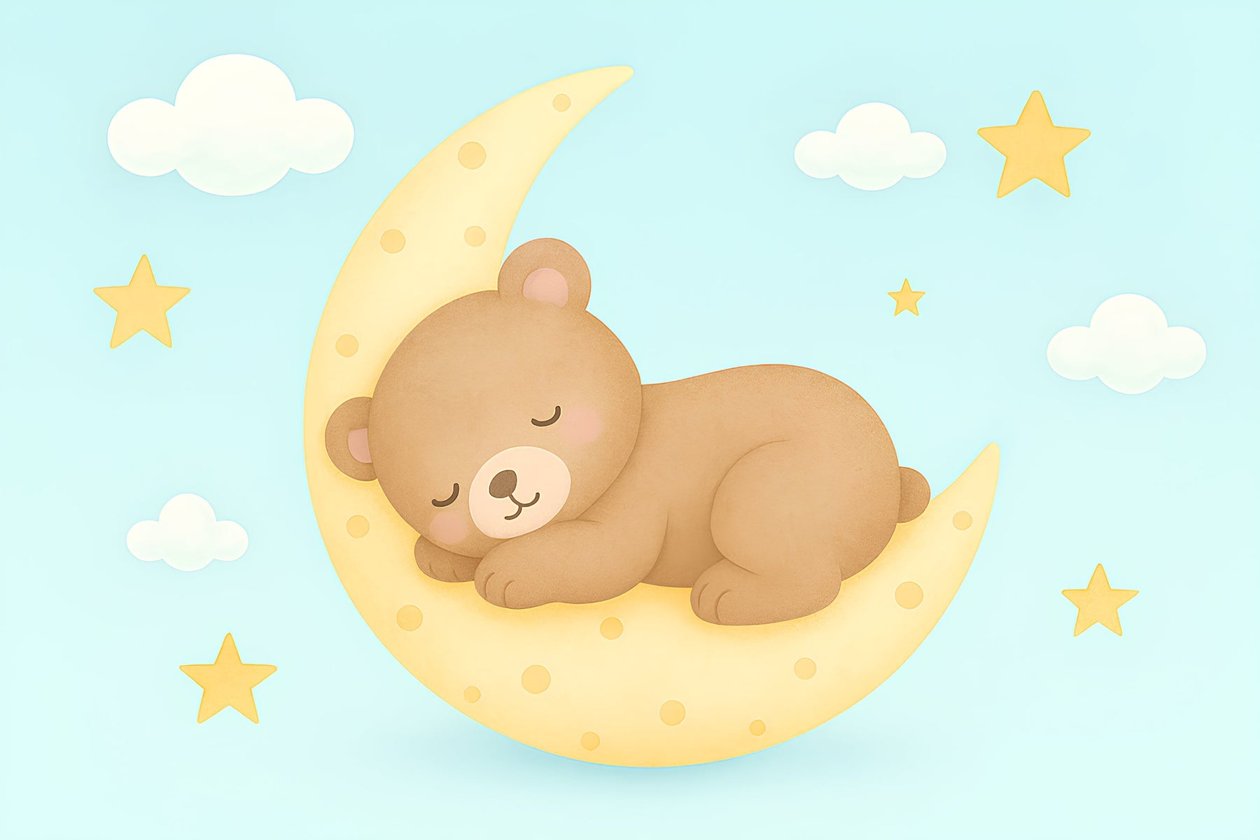 Detailed sleepy bear on moon mural wallpaper design pattern with stars and clouds by Kids-Mundo