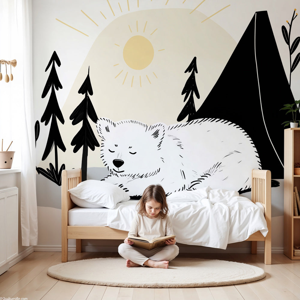 Sleepy bear woodland mural wallpaper in peaceful nursery setting by Kids-Mundo