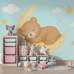 Bear on moon mural wallpaper for calming nursery atmosphere by Kids-Mundo