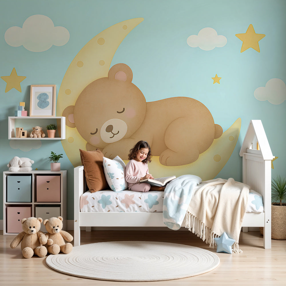 Sleepy bear mural wallpaper creating peaceful nursery decor with moon and stars by Kids-Mundo