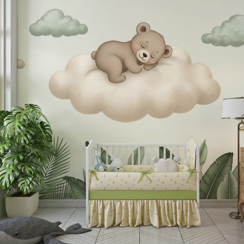 Kids-Mundo sleepy bear cloud wall mural behind a bed in a soft, muted kids bedroom