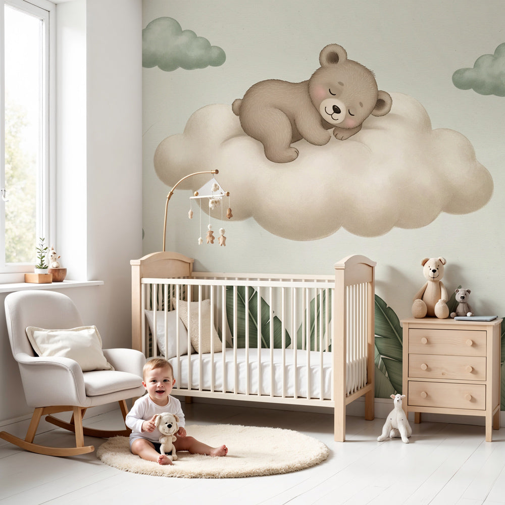 Kids-Mundo sleepy bear on a cloud wall mural styled in a calm, restful baby nursery