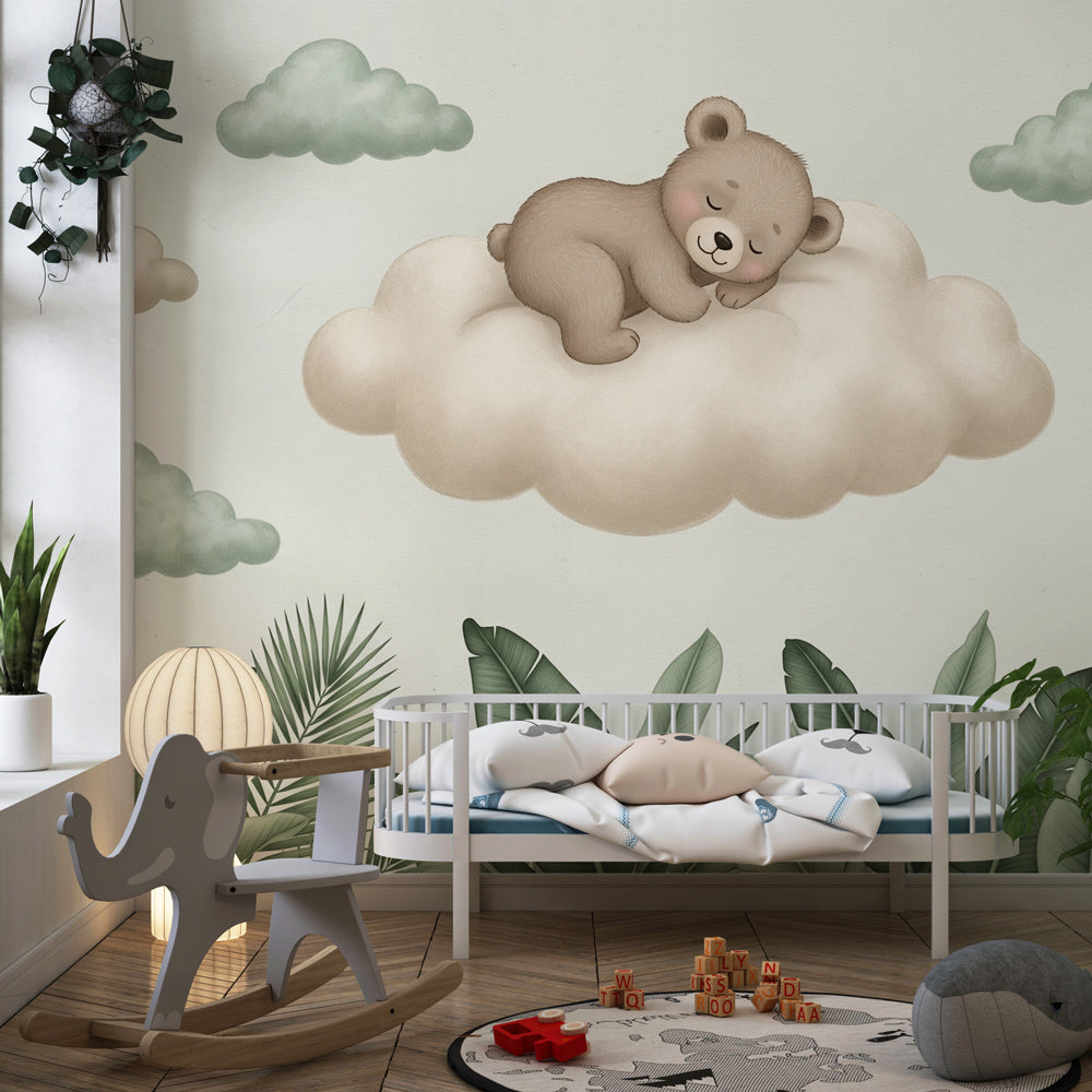 Kids-Mundo sleepy bear wall mural bringing a calm, dreamy feel to a playroom wall